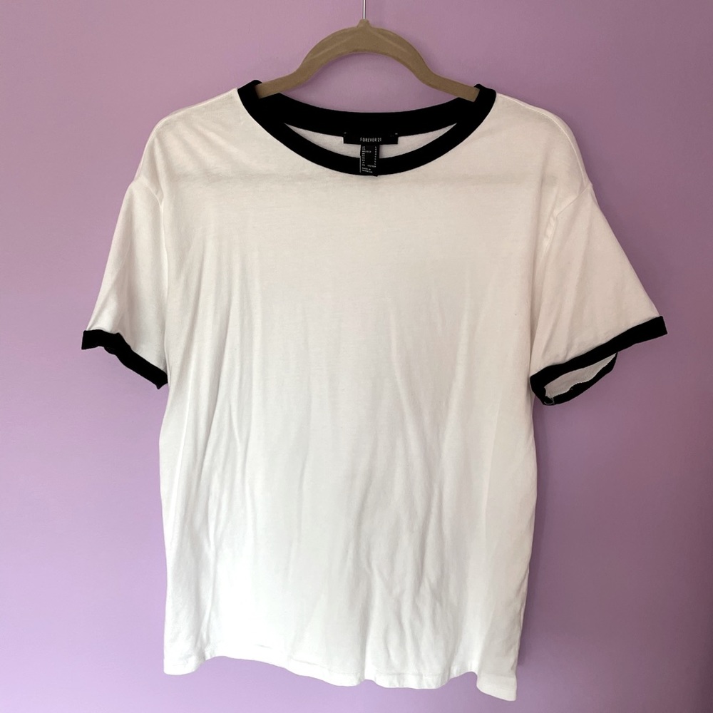 Forever 21 White Fitted Tee Shirt with Black Trim